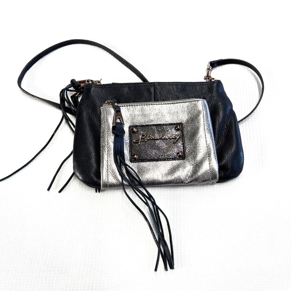 B Makowsky Leather Crossbody Bag Purse Handbag Black/Metallic Silver, Fringe